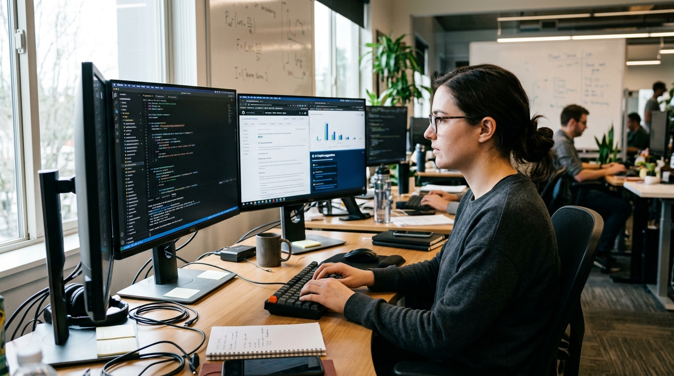 Professional in a modern office using AI tools to enhance daily work productivity.