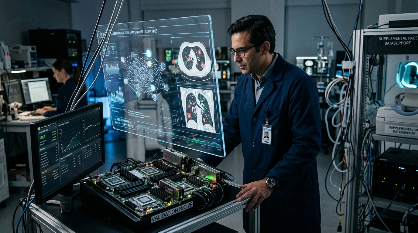 Digital radiology workstation showing supplemental PACS interface for AI validation and medical imaging analysis.