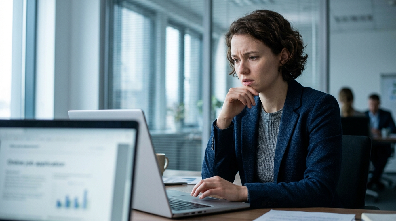A professional candidate using AI software to complete a digital job assessment on a laptop.