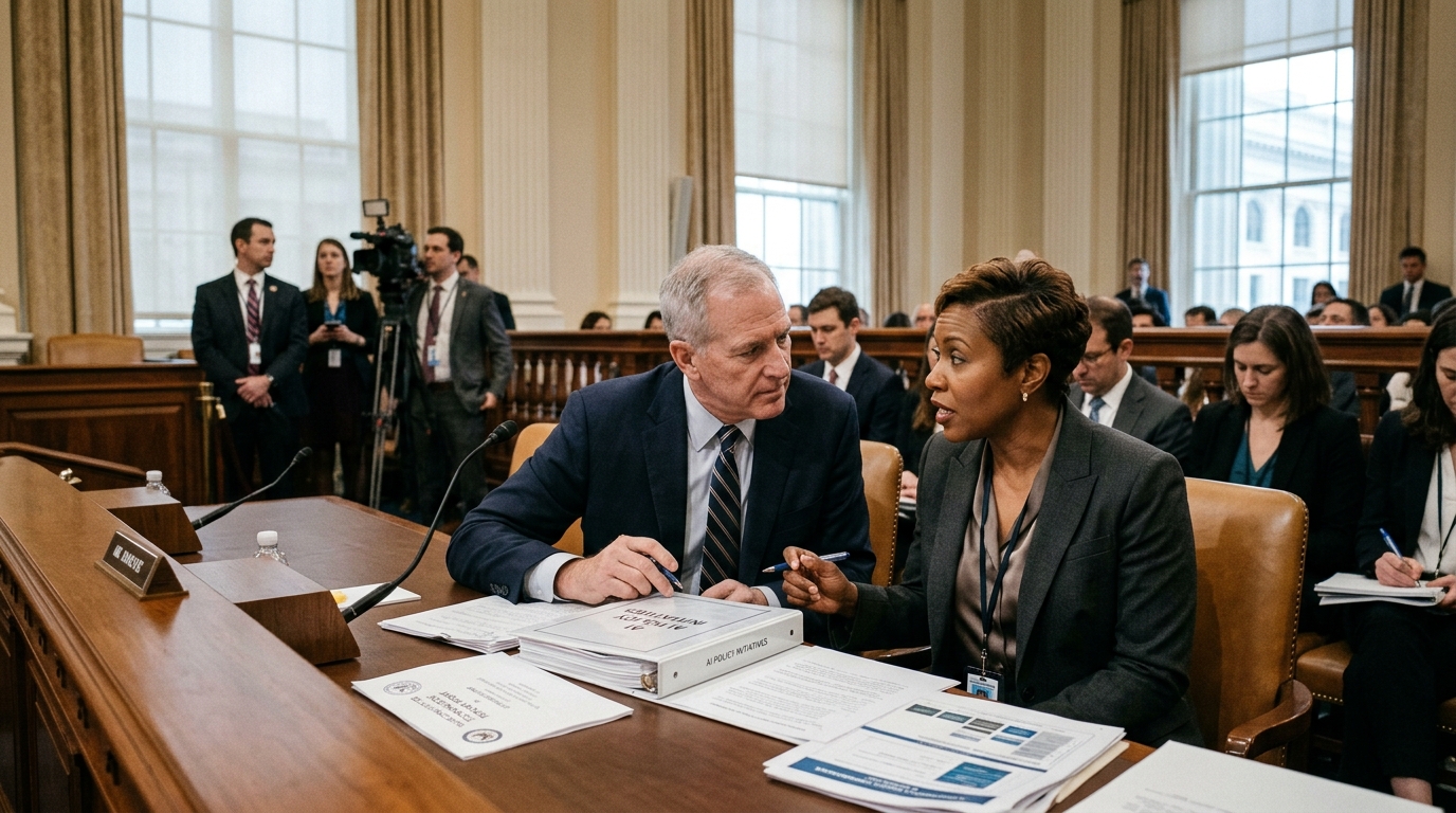 Symbolic representation of US AI policy featuring the White House and digital circuits.
