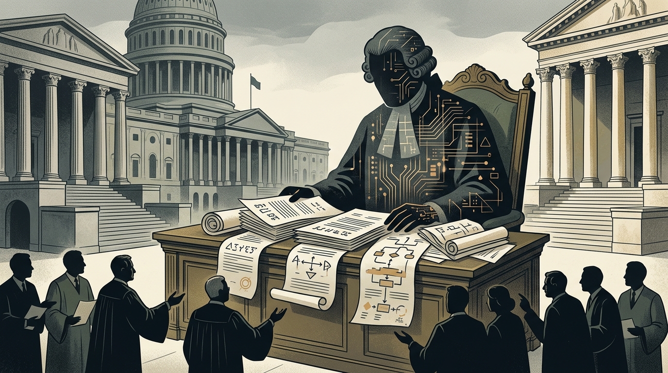 Digital representation of a parliament with data overlays symbolizing AI governance transparency.
