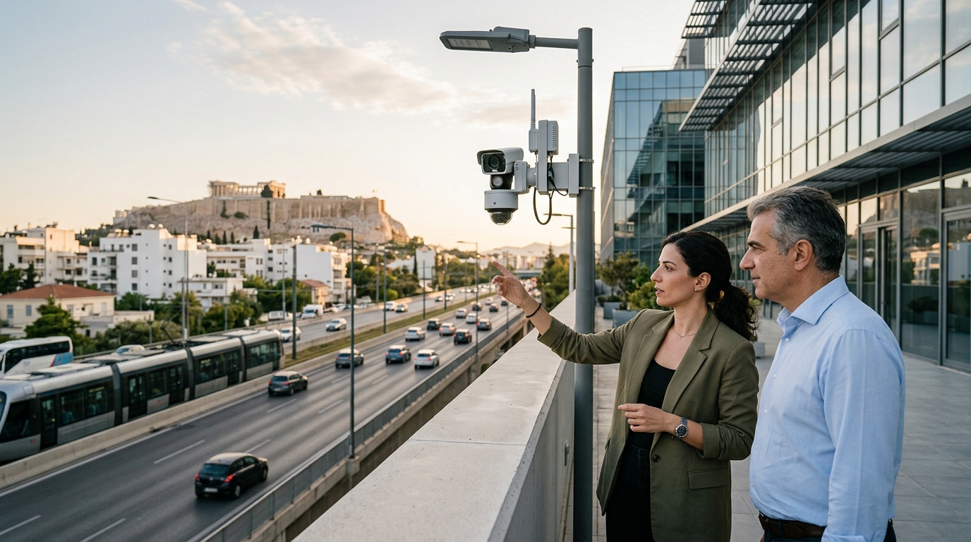 Smart AI cameras monitoring traffic for road safety in Greece.