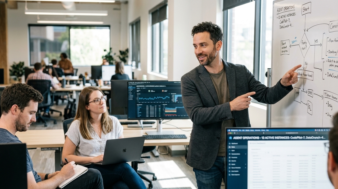 Digital illustration of AI agents collaborating to build a successful SaaS business.