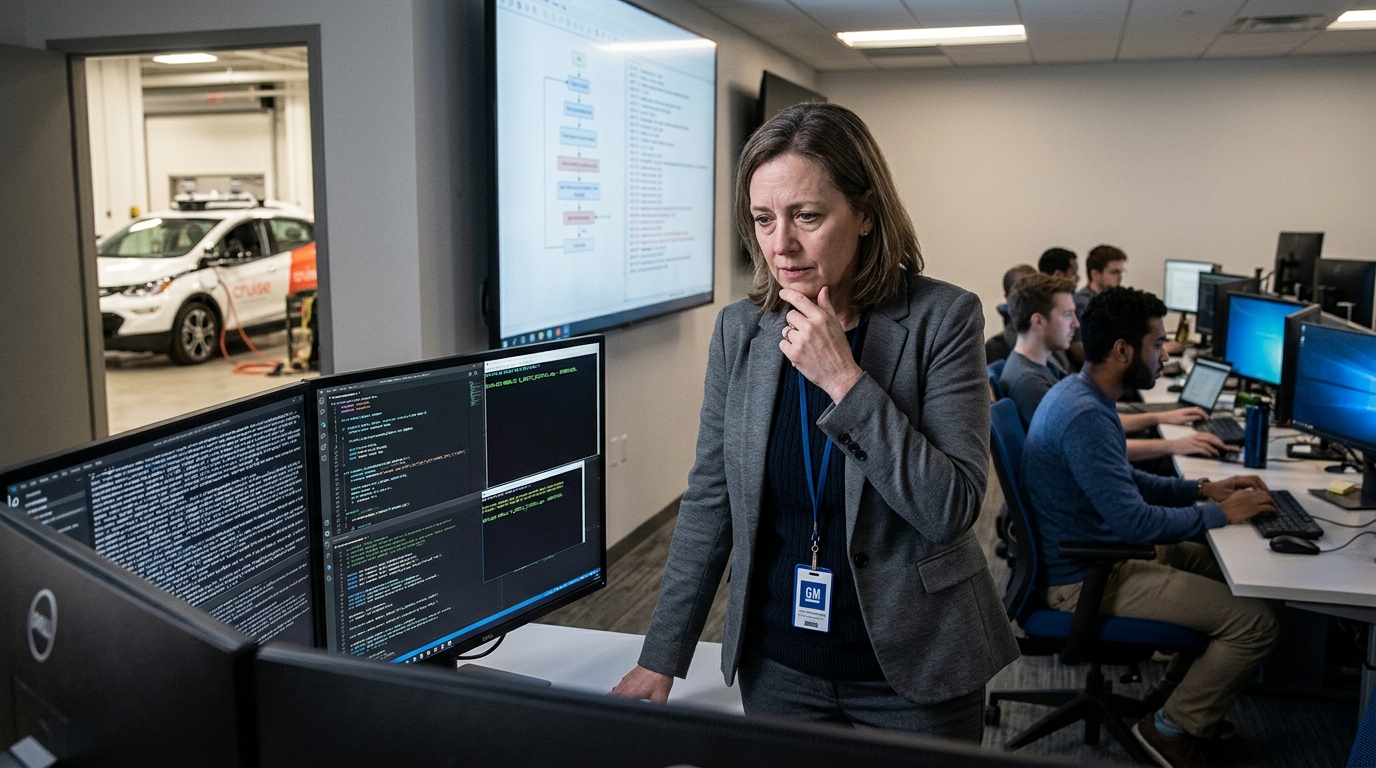General Motors vehicle featuring autonomous driving systems and AI-generated software code.