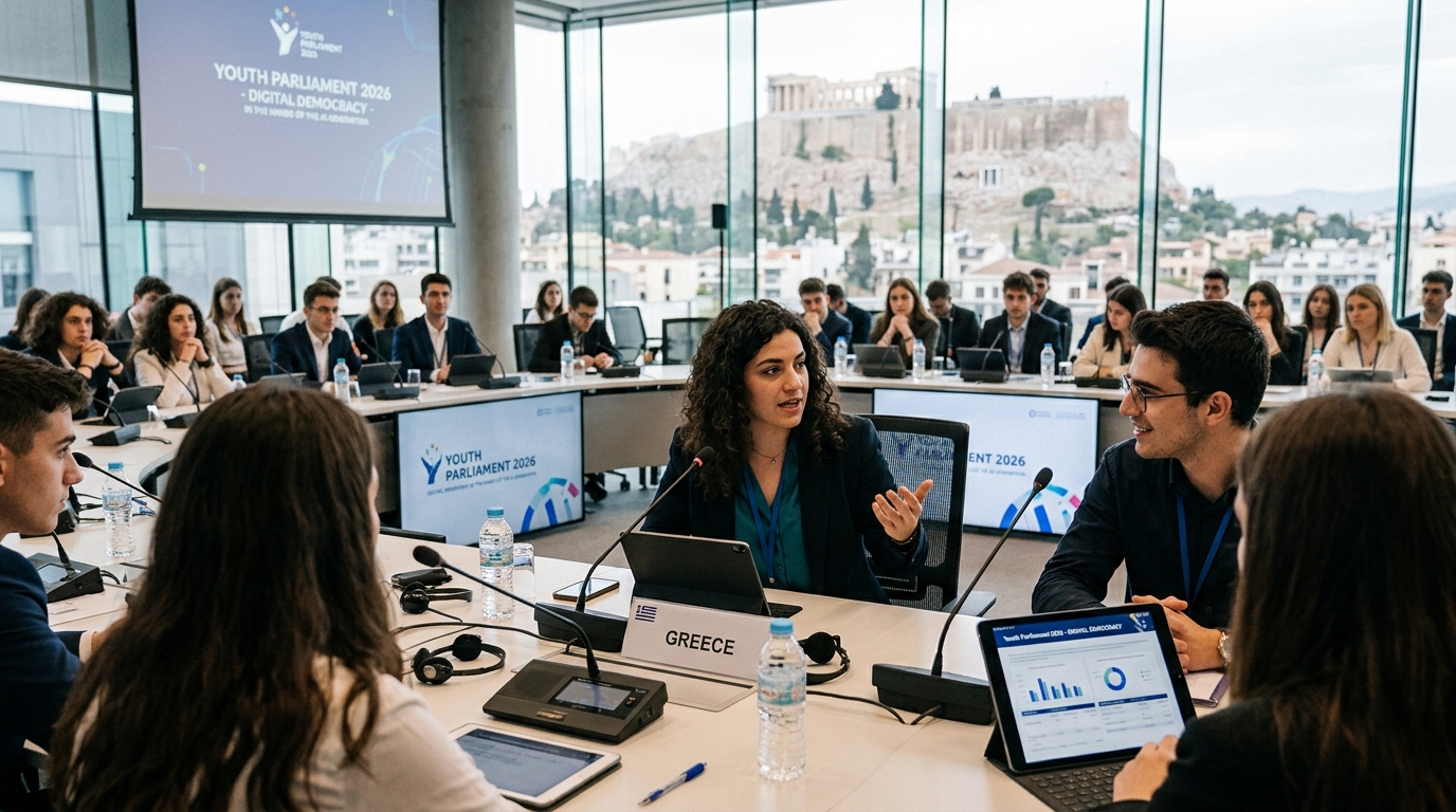 Teenagers discussing Artificial Intelligence at the 2026 Youth Parliament in Greece.