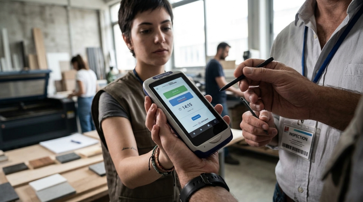 Smartphone screen showing the Digital Work Card app for labor time and overtime tracking.