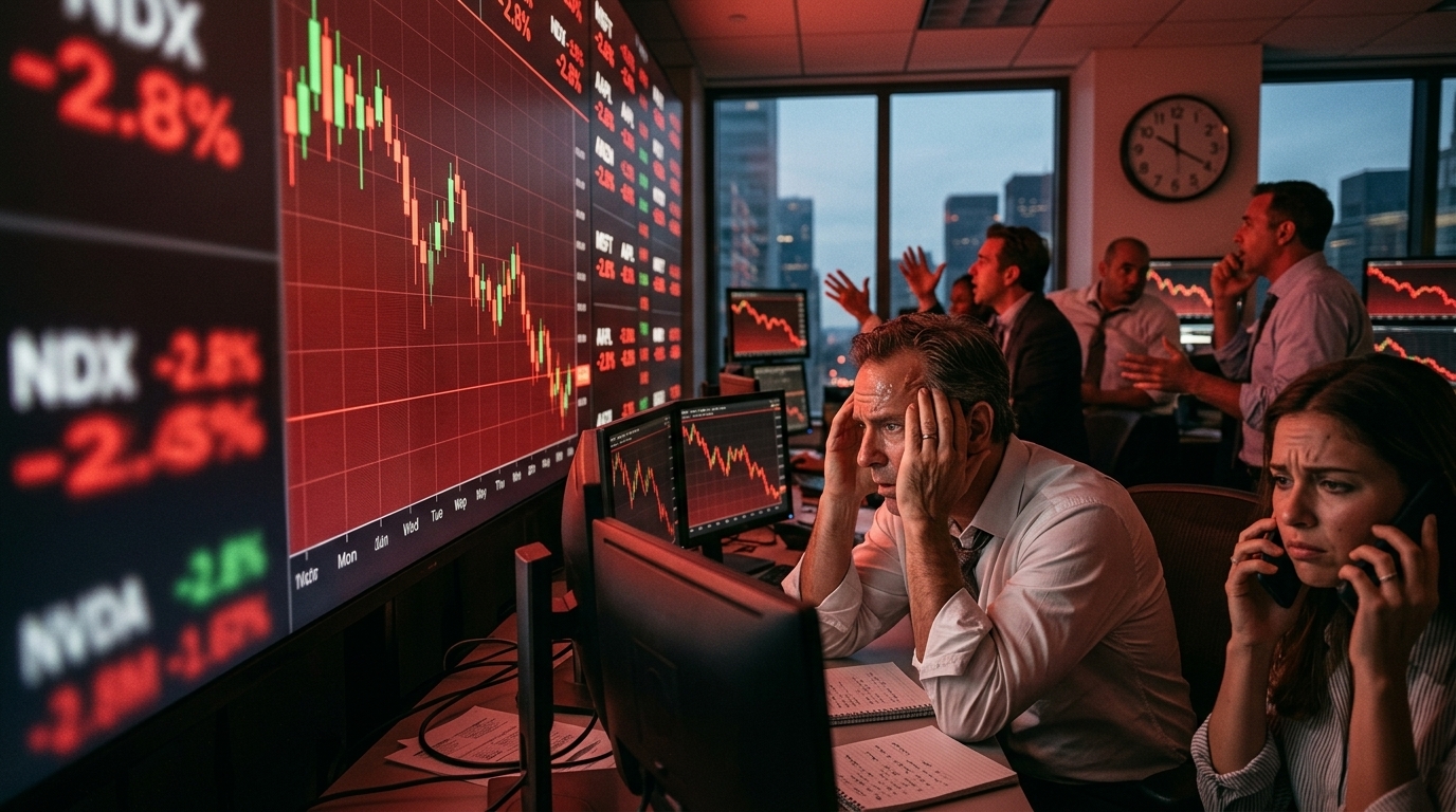 Wall Street stock market board showing Big Tech share price decline.