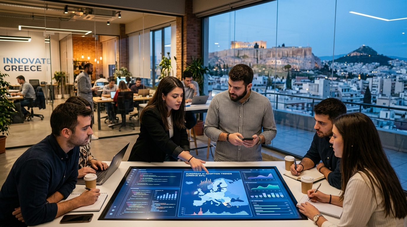 Young Greeks using artificial intelligence tools in an office setting.