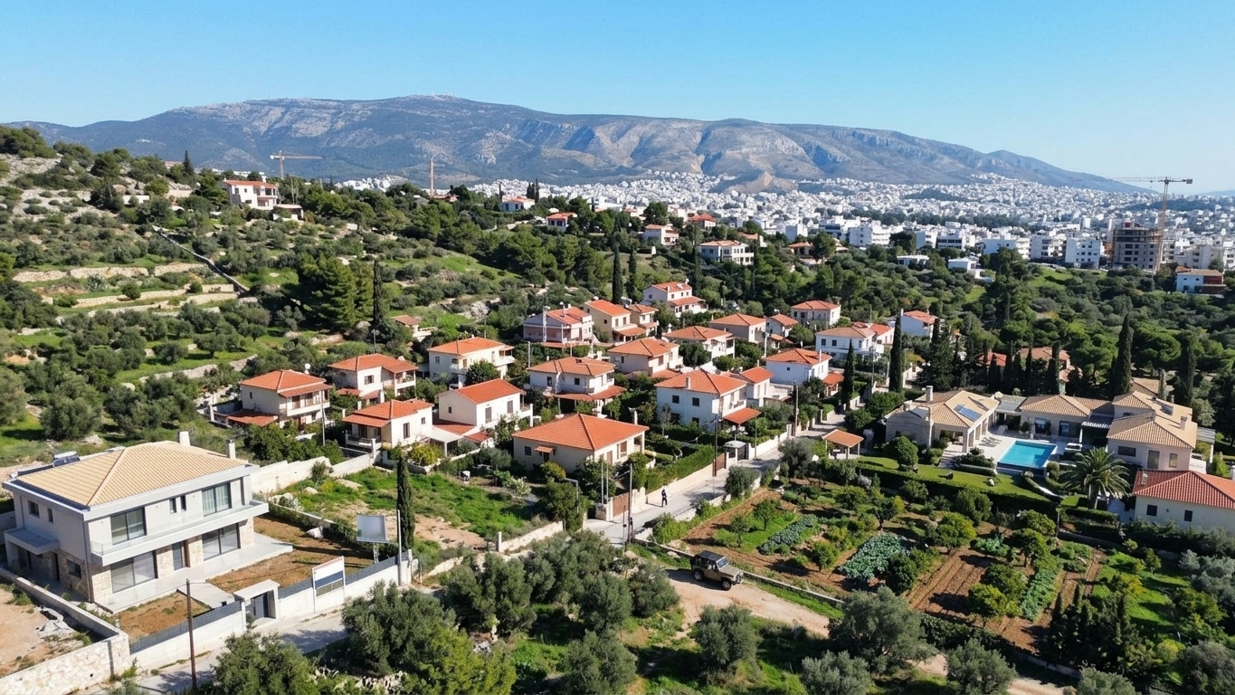 Σύγχρονο οικόπεδο στην Αττική με φόντο τον αστικό ιστό, αναδεικνύοντας τις αυξημένες τιμές οικοπέδων.