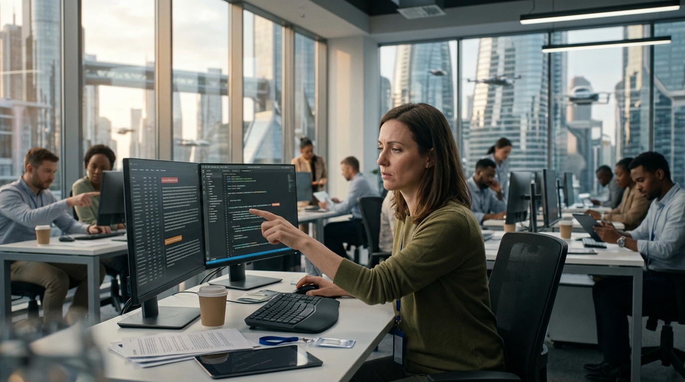 Office worker reviewing data on a screen, illustrating Artificial Intelligence oversight and productivity challenges.