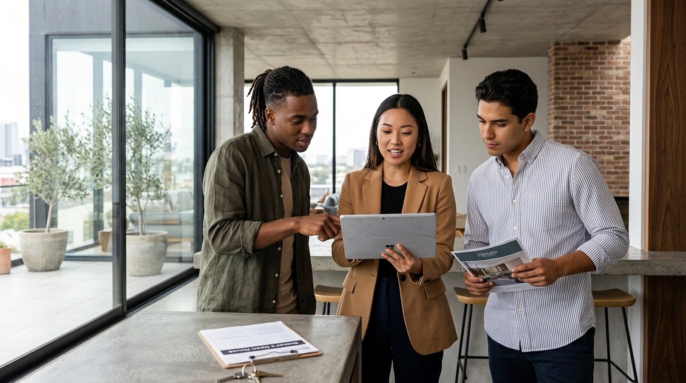 Young Gen Z real estate agent using digital tools for property sales.