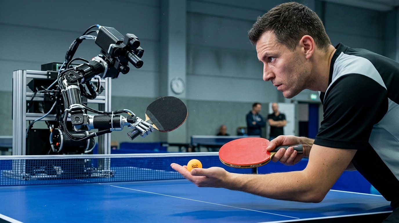 Ace the ping-pong robot returning a high-speed volley with precision.