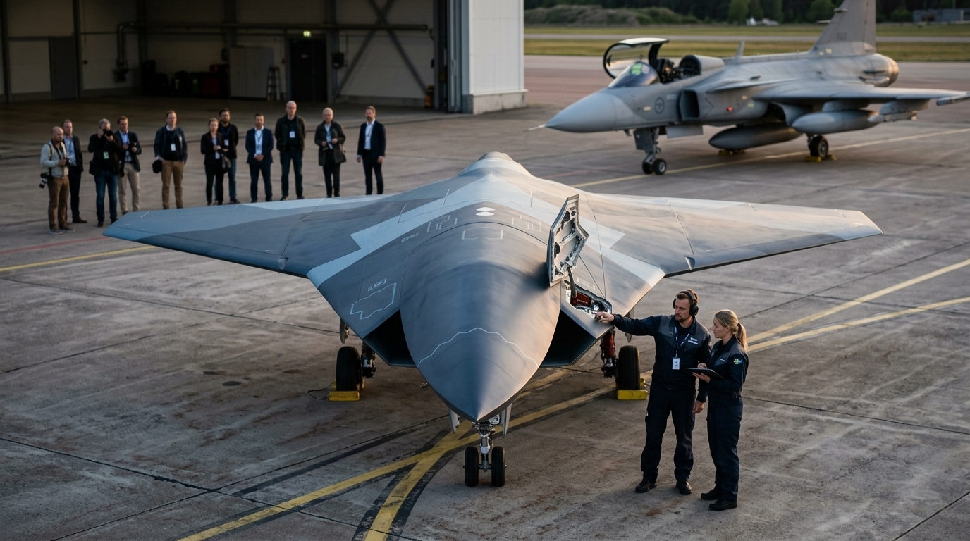Saab A3-001 supersonic stealth wingman drone flying alongside a Gripen fighter jet.