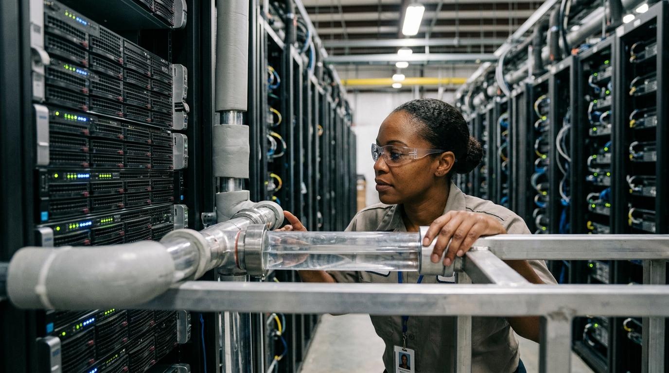 Aerial view of a large data center facility in North Carolina showing cooling infrastructure.