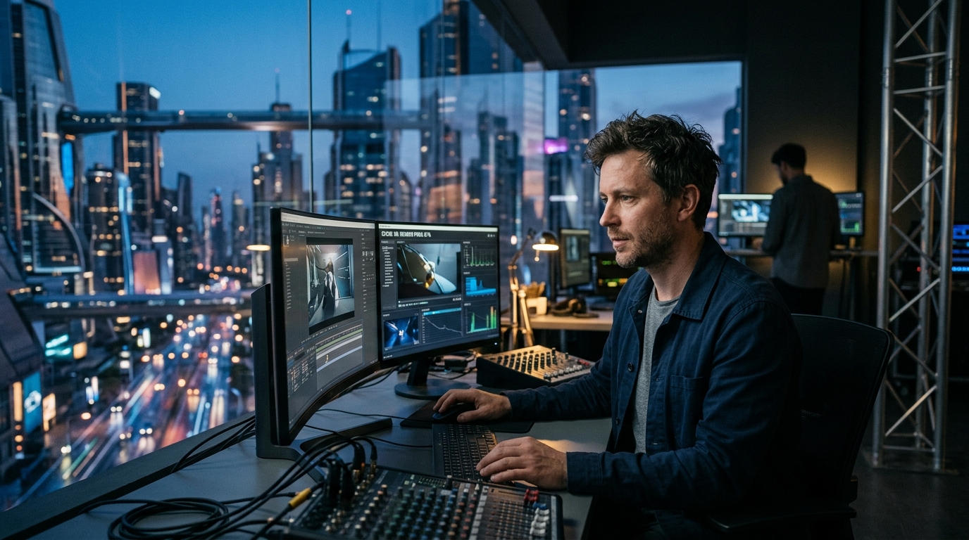 Digital artist creating animation using AI-powered production tools.