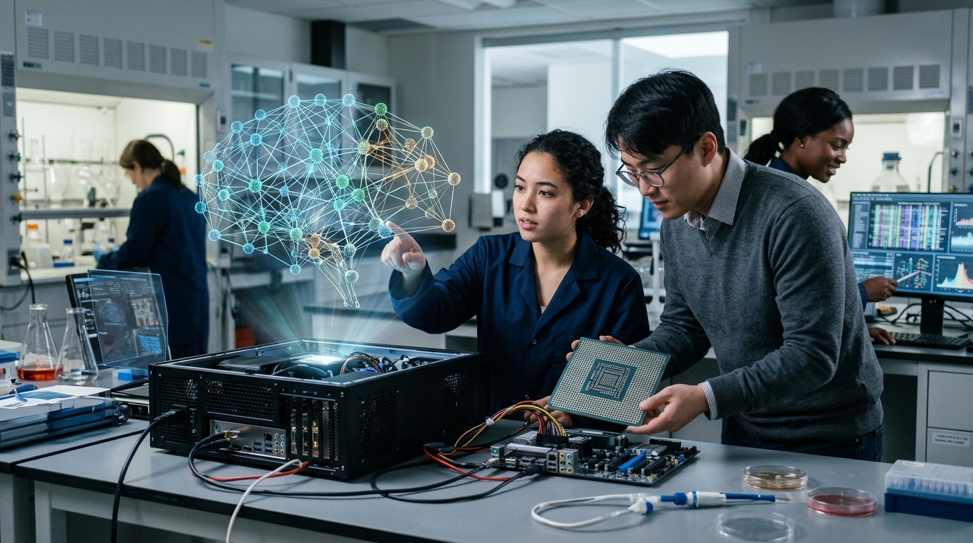 Young scientists conducting AI healthcare research in a modern laboratory.