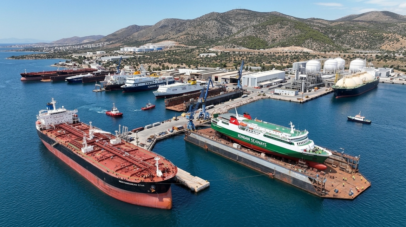 Πανοραμική άποψη του λιμανιού της Ελευσίνας και των εγκαταστάσεων logistics.