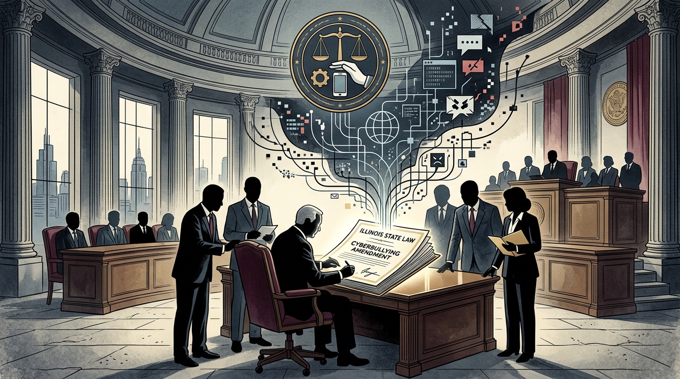 Digital illustration of a gavel and a computer screen representing Illinois' AI deepfake cyberbullying law.