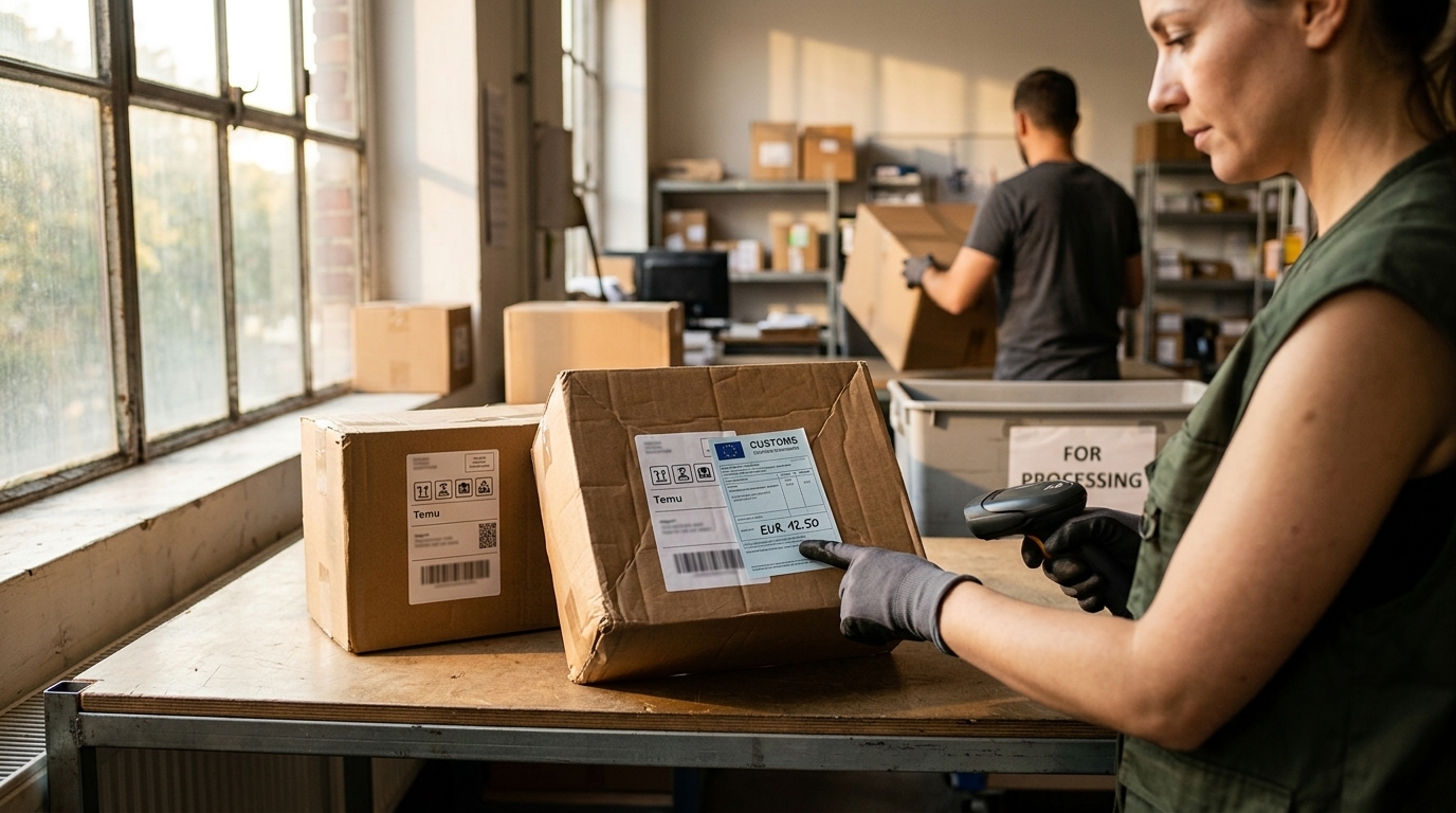 EU flag and shipping boxes from Temu and Shein illustrating new e-commerce tariffs.