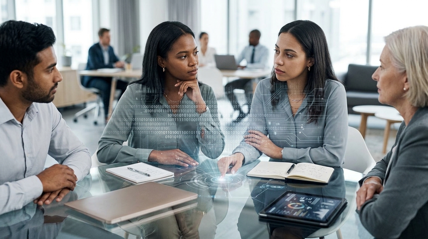Professional woman utilizing Artificial Intelligence in her daily work routine.