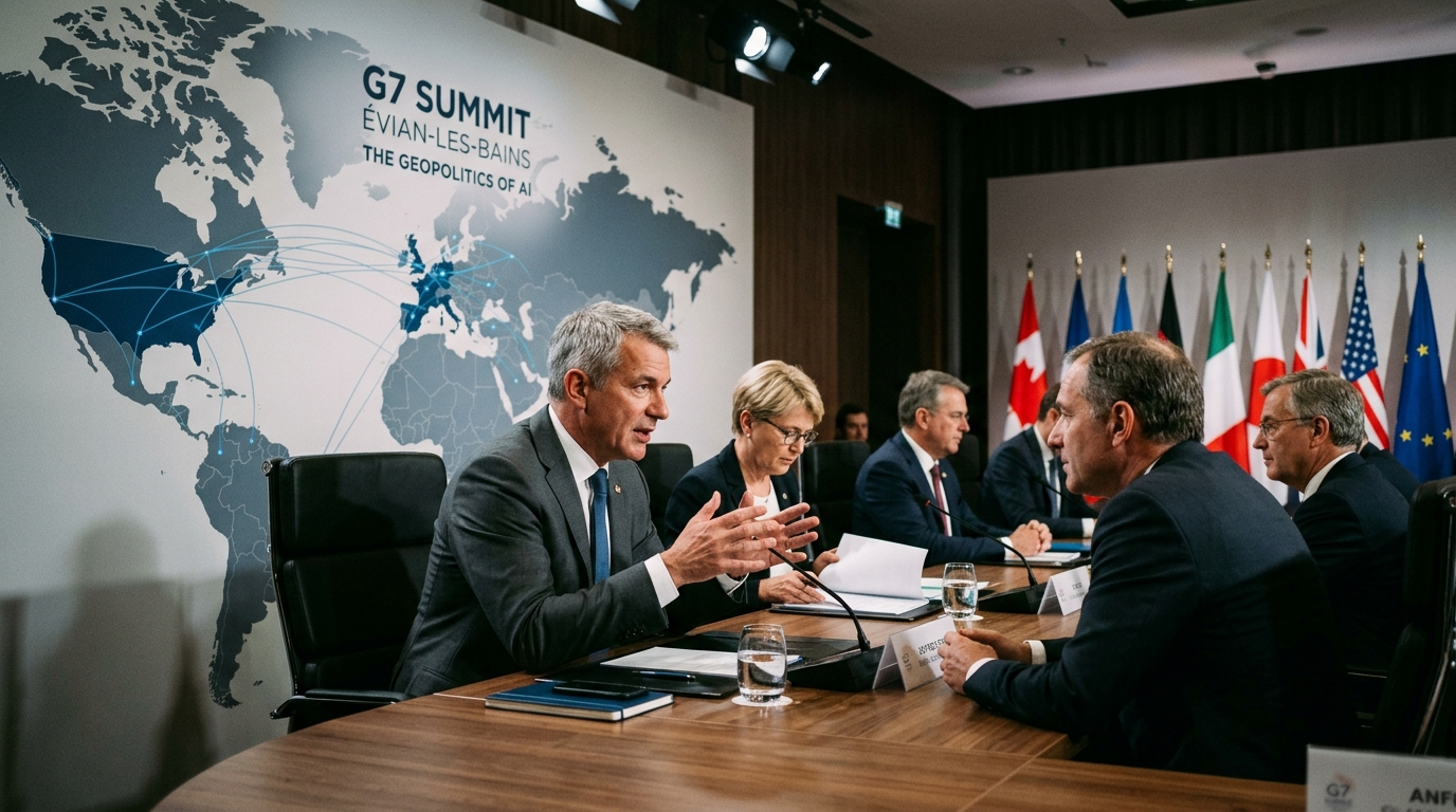 G7 leaders in Évian discussing Artificial Intelligence regulation and trade.