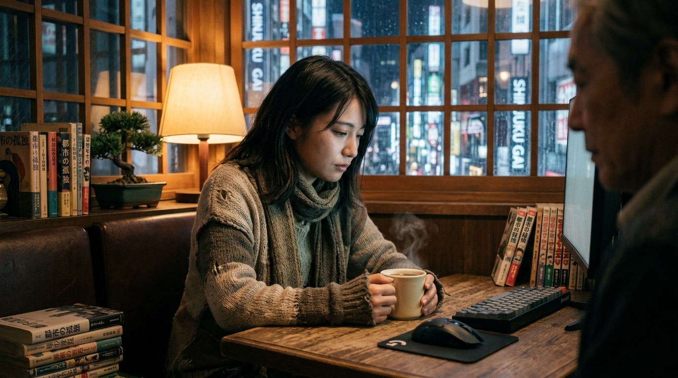 A calming virtual space scene from the game Coffee Talk Tokyo.