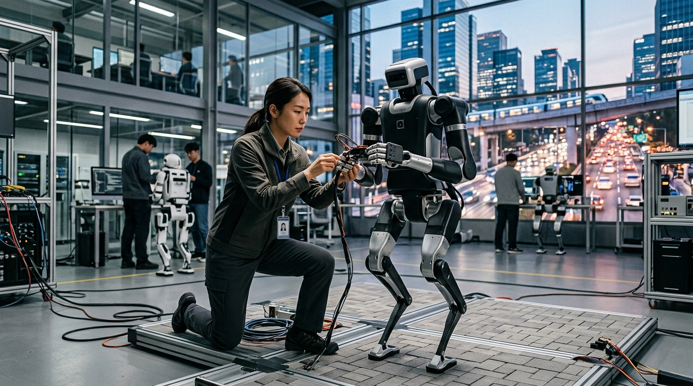 Advanced humanoid robot interacting with a physical environment representing Physical AI technology.