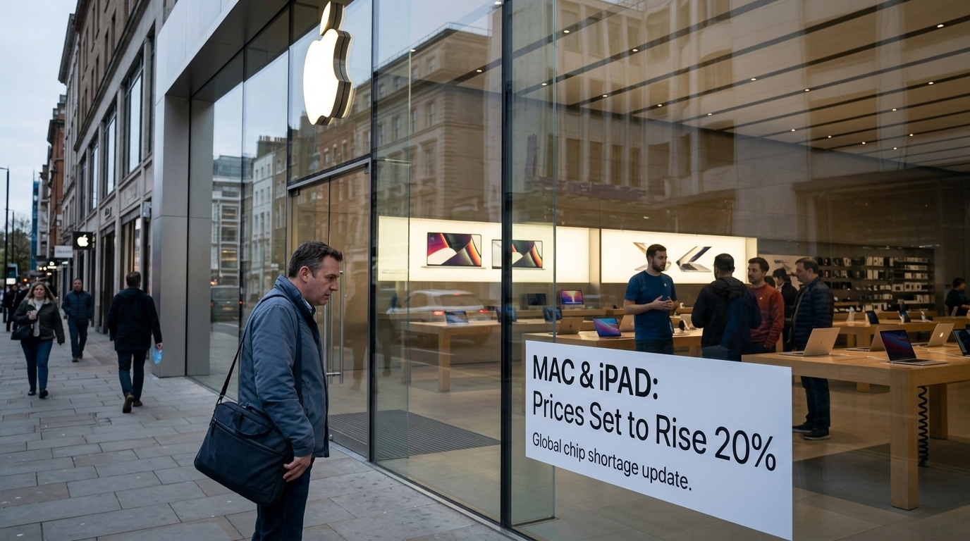 Apple MacBook and iPad devices next to AI semiconductor chips.