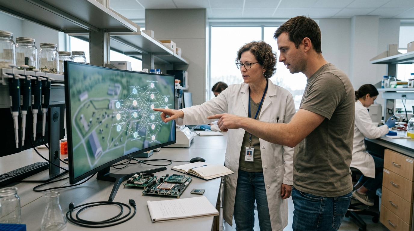 AI decision modeling software analyzing livestock sustainability data.