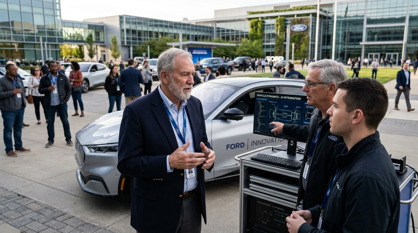 Veteran Ford engineer inspecting a car engine alongside AI systems