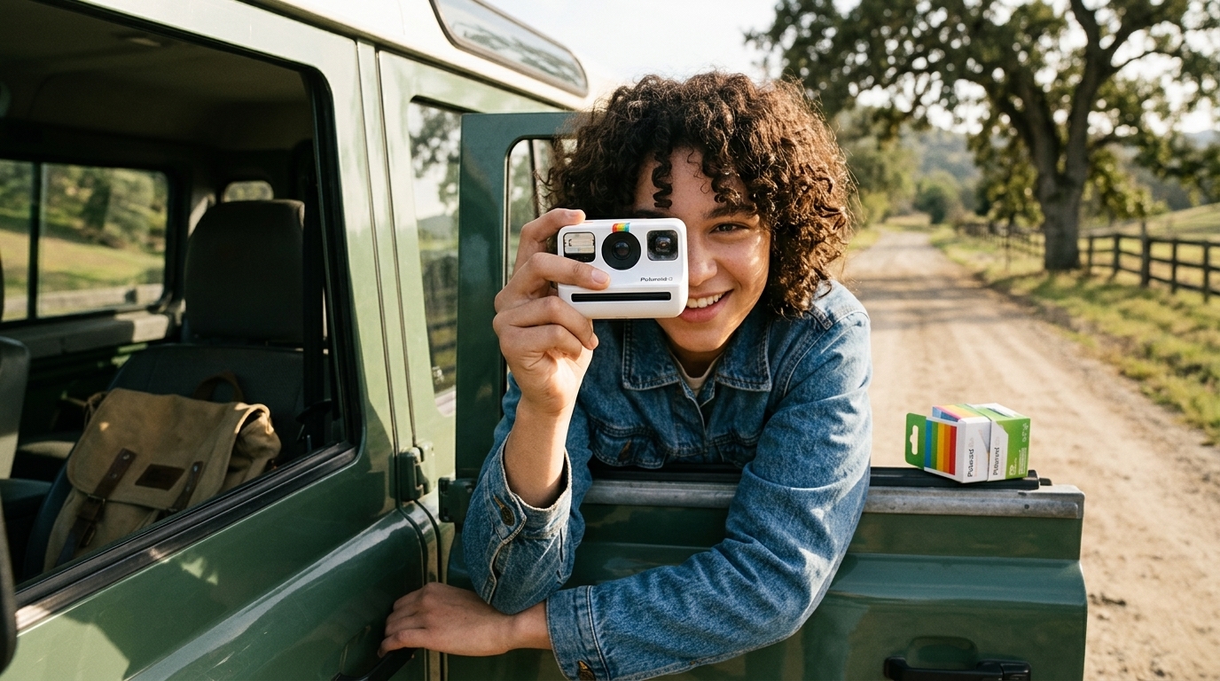 Polaroid Go Generation 2 instant camera with film bundle on a plain background.