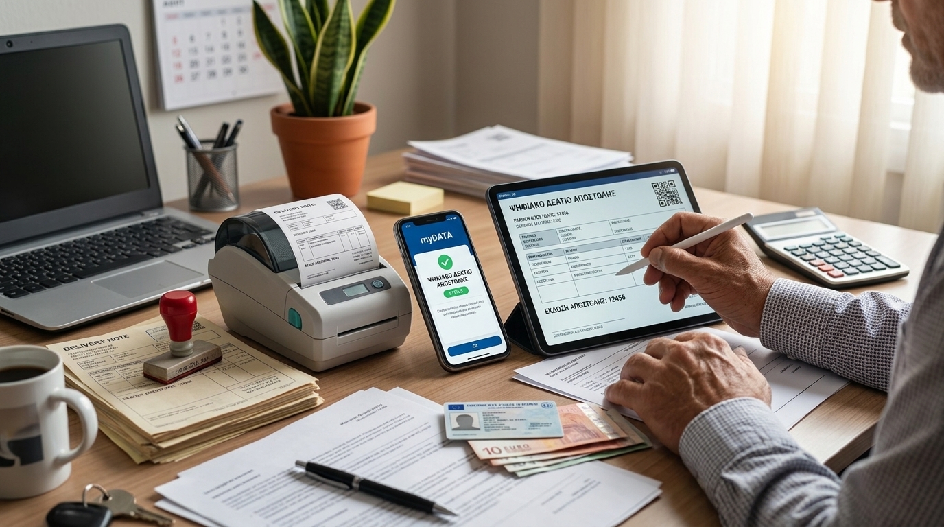 Digital delivery note interface on the myDATA platform for Greek businesses.
