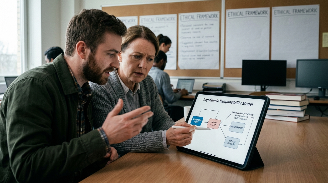 Digital scales of justice representing AI liability and legal accountability.