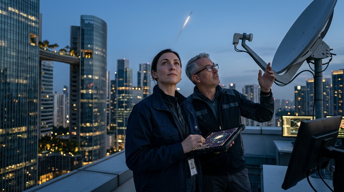 Futuristic orbital data center satellite orbiting Earth for AI processing.