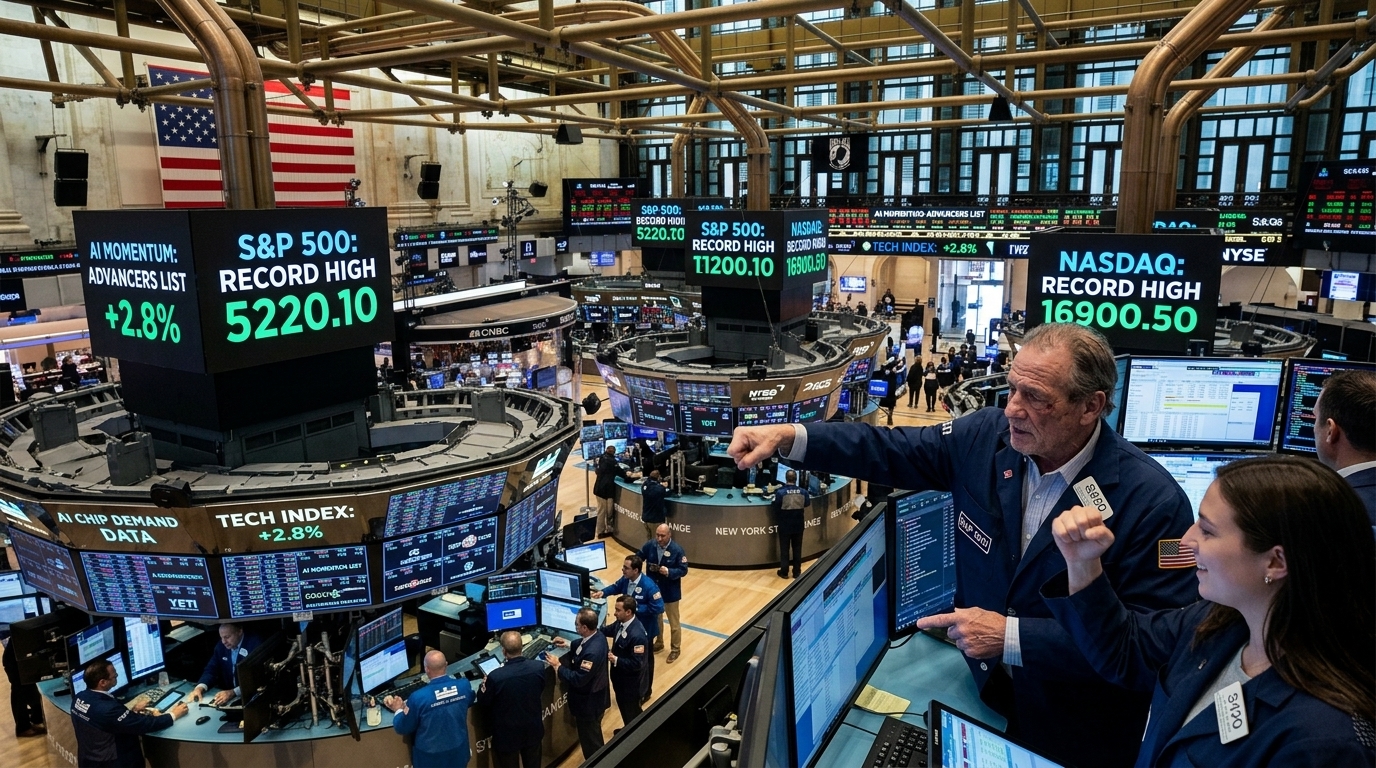 Χρηματιστήριο Wall Street και γραφήματα ανόδου λόγω Τεχνητής Νοημοσύνης.