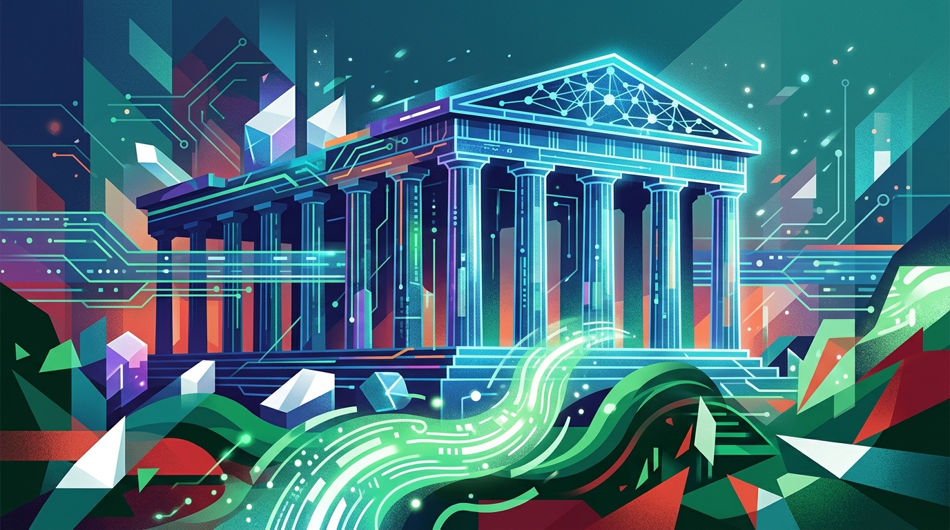 Digital Parthenon with circuit boards representing Greece's AI strategy.