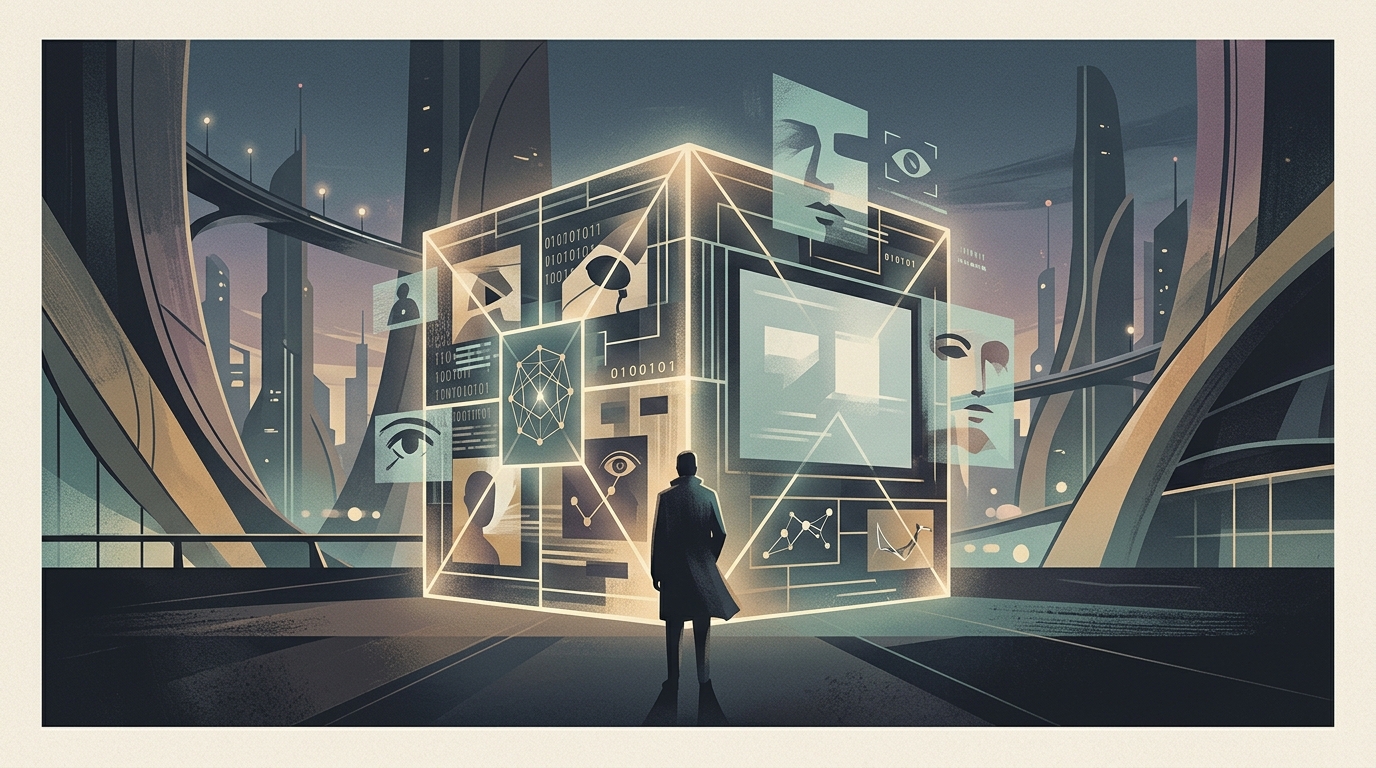 A man trapped in a white surrealist room from Jim Henson's film The Cube.