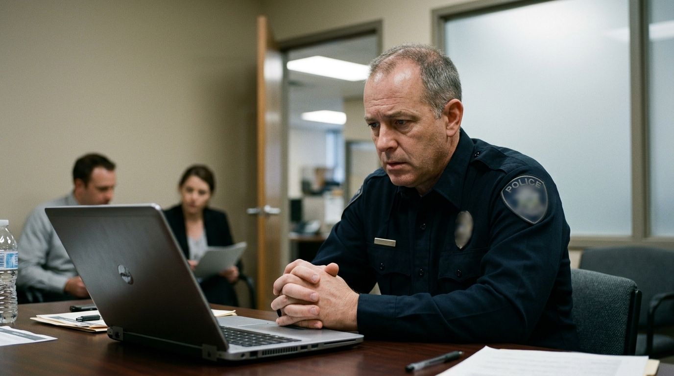 Police officer using artificial intelligence tools in a legal setting.