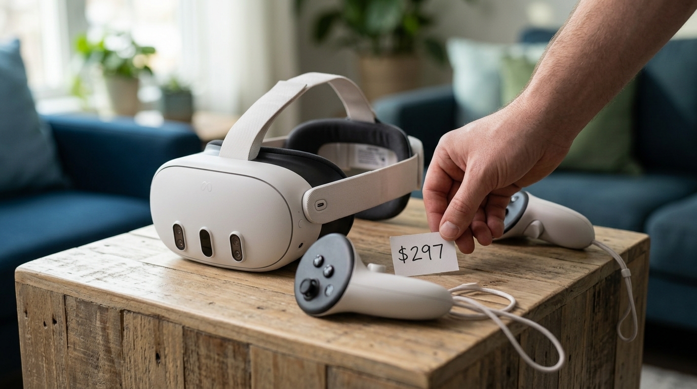 Το headset εικονικής πραγματικότητας Meta Quest 3S σε λευκό φόντο.