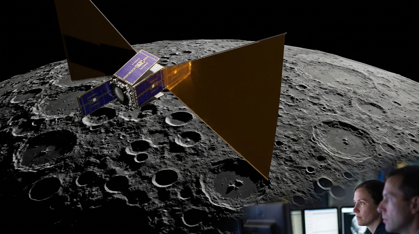 The CosmoCube microsatellite orbiting the lunar far side for space exploration.