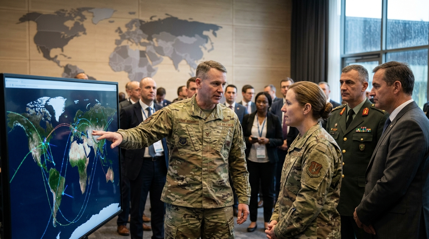 Military technology and Artificial Intelligence in a digital Air Force operations center.