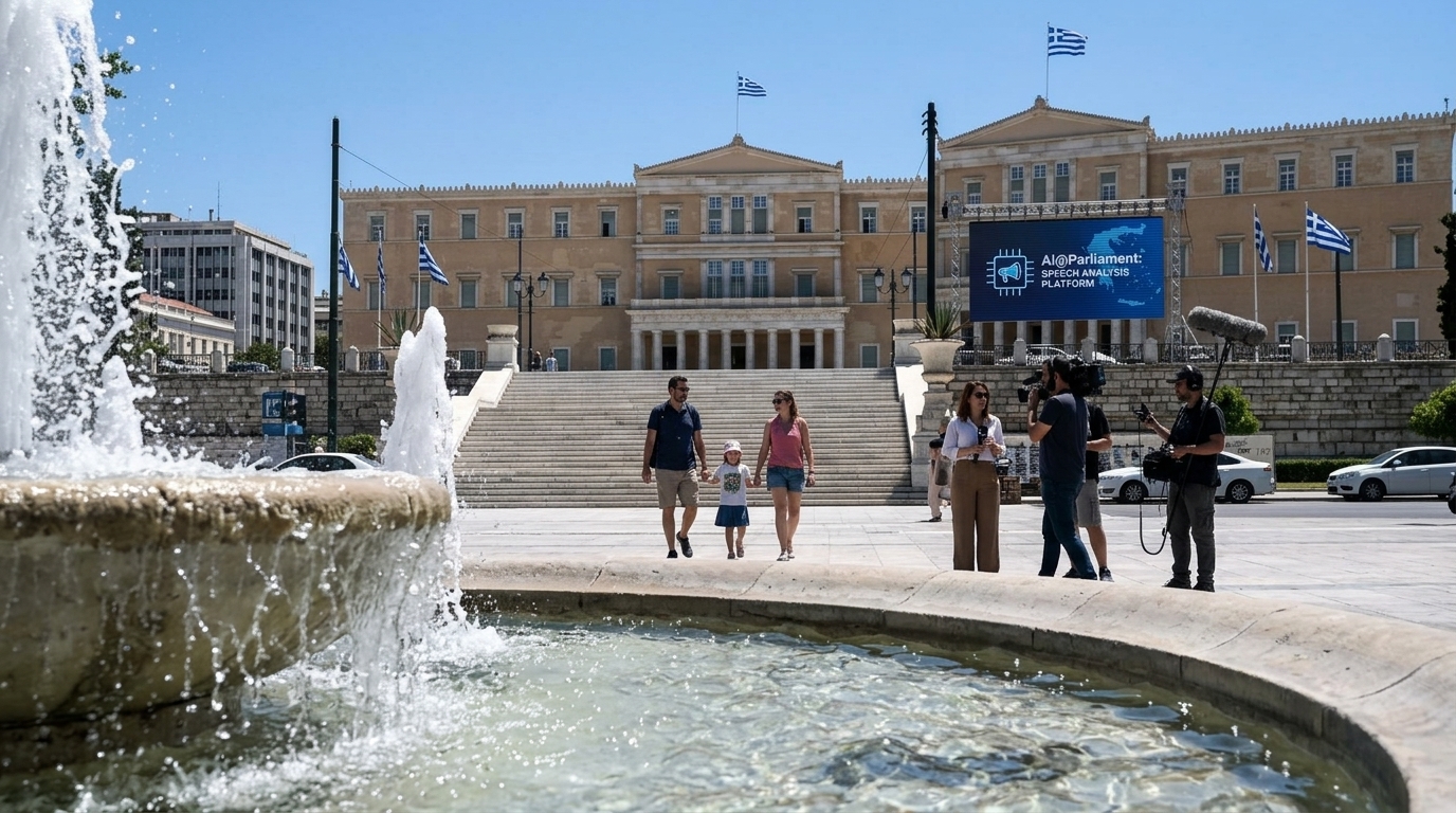 Ψηφιακή απεικόνιση της Βουλής των Ελλήνων με στοιχεία τεχνητής νοημοσύνης και ανάλυσης δεδομένων.