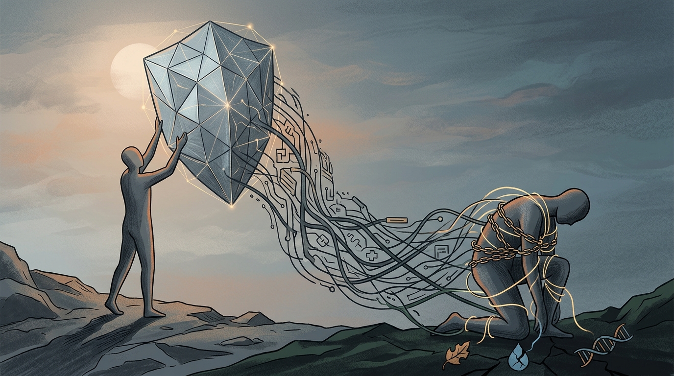 Digital illustration of Earth with a solar shield and AI symbols representing AI ethics.
