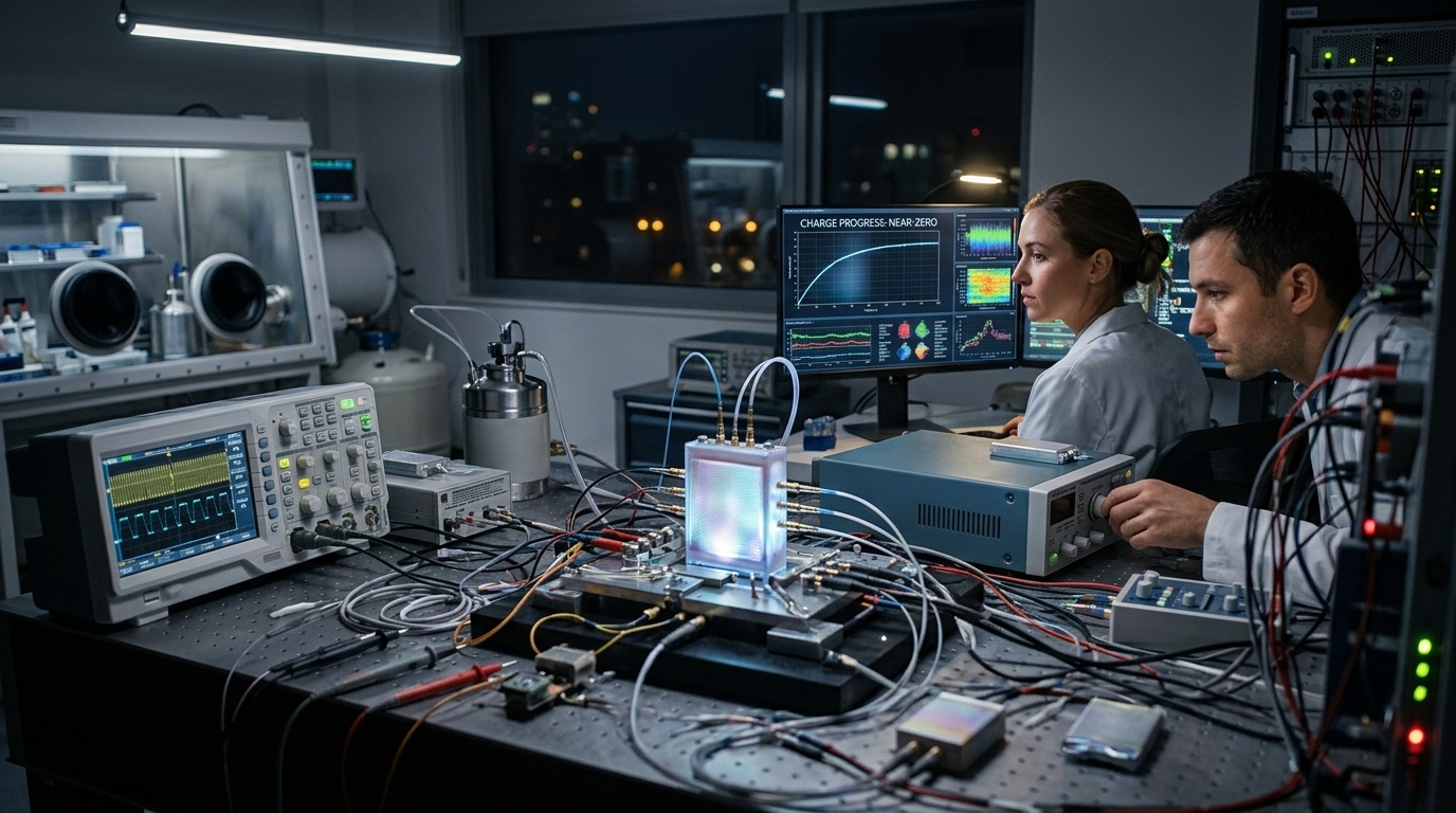 A futuristic quantum battery cell glowing with energy, representing the future of power storage.
