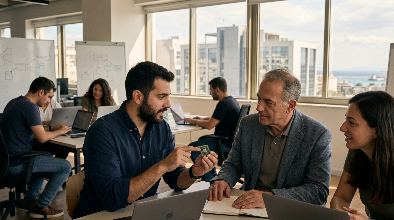 Σύγχρονα τσιπ AI σε πλακέτα κυκλώματος που αντιπροσωπεύουν τη νέα εποχή ημιαγωγών.