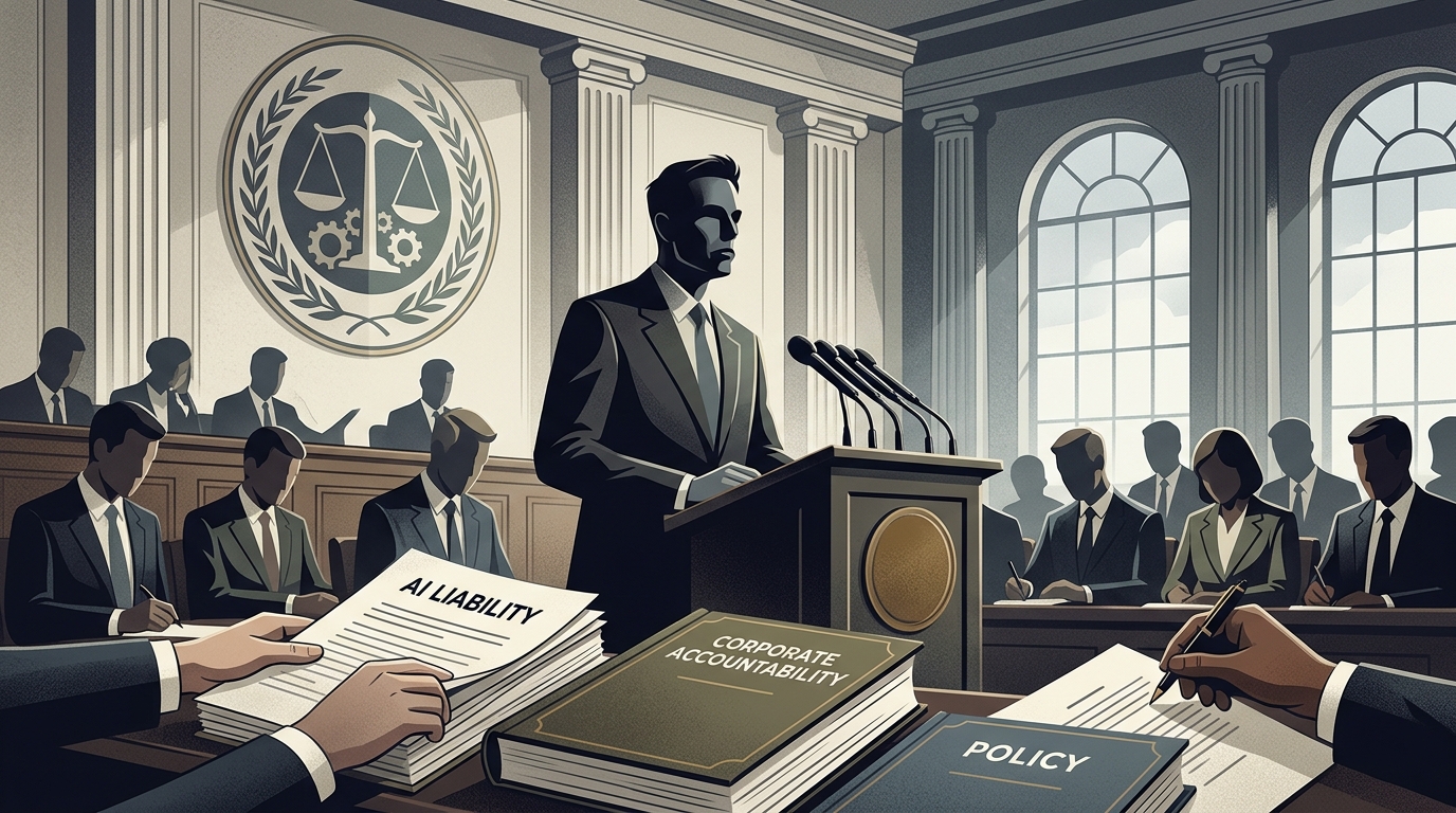 Elon Musk in court for a testimony regarding AI liability and corporate accountability.