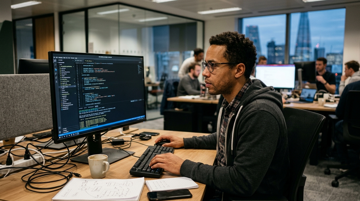 Digital code and charts representing AI code generation within a complex enterprise software environment.