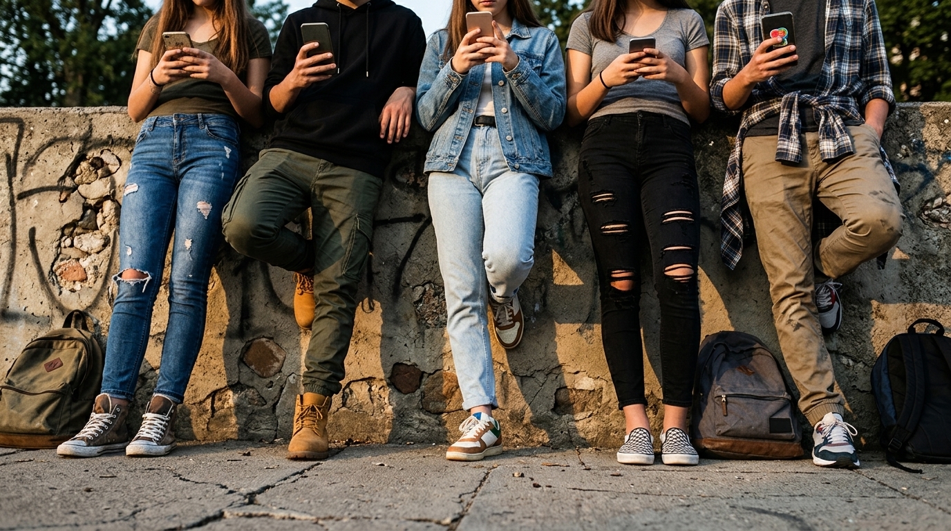 A teenager using a smartphone with digital social media icons in the background.