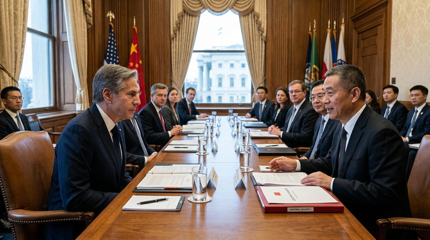 Digital representation of US and China flags with AI elements for national security dialogue.