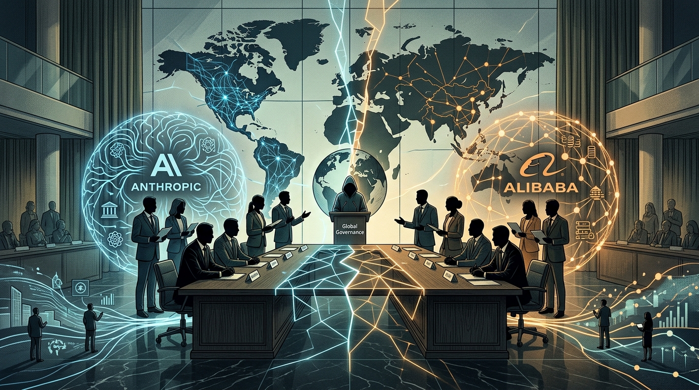 Illustration of global AI governance featuring Anthropic and Alibaba logos.